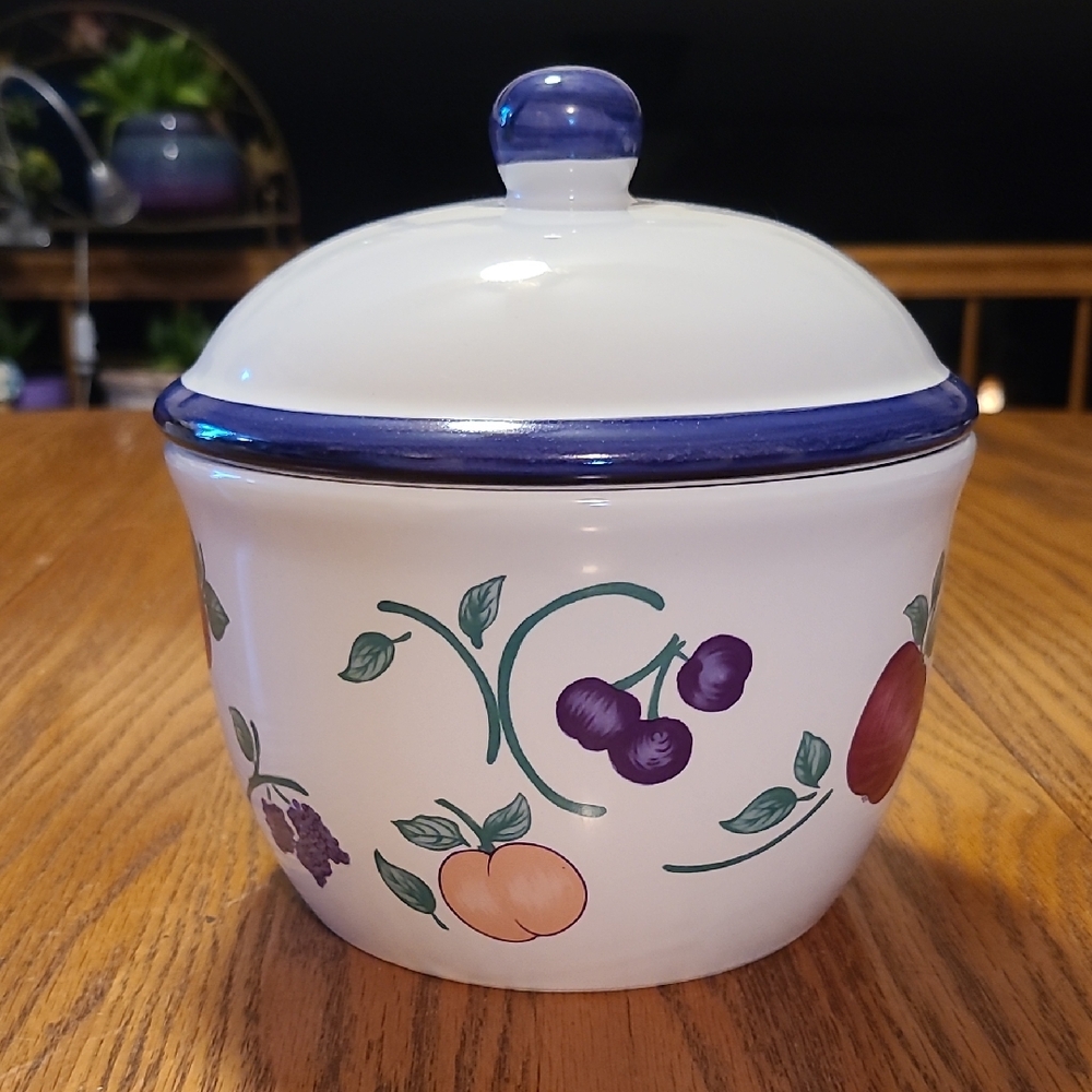 Princess House Orchard Medley Ceramic Jar with Blue Rimmed Lid